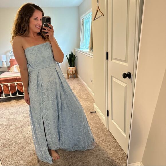 NWT JUMP Apparel Blue Glitter Lace Strapless Maxi Gown 7/8 - Picture 2 of 11